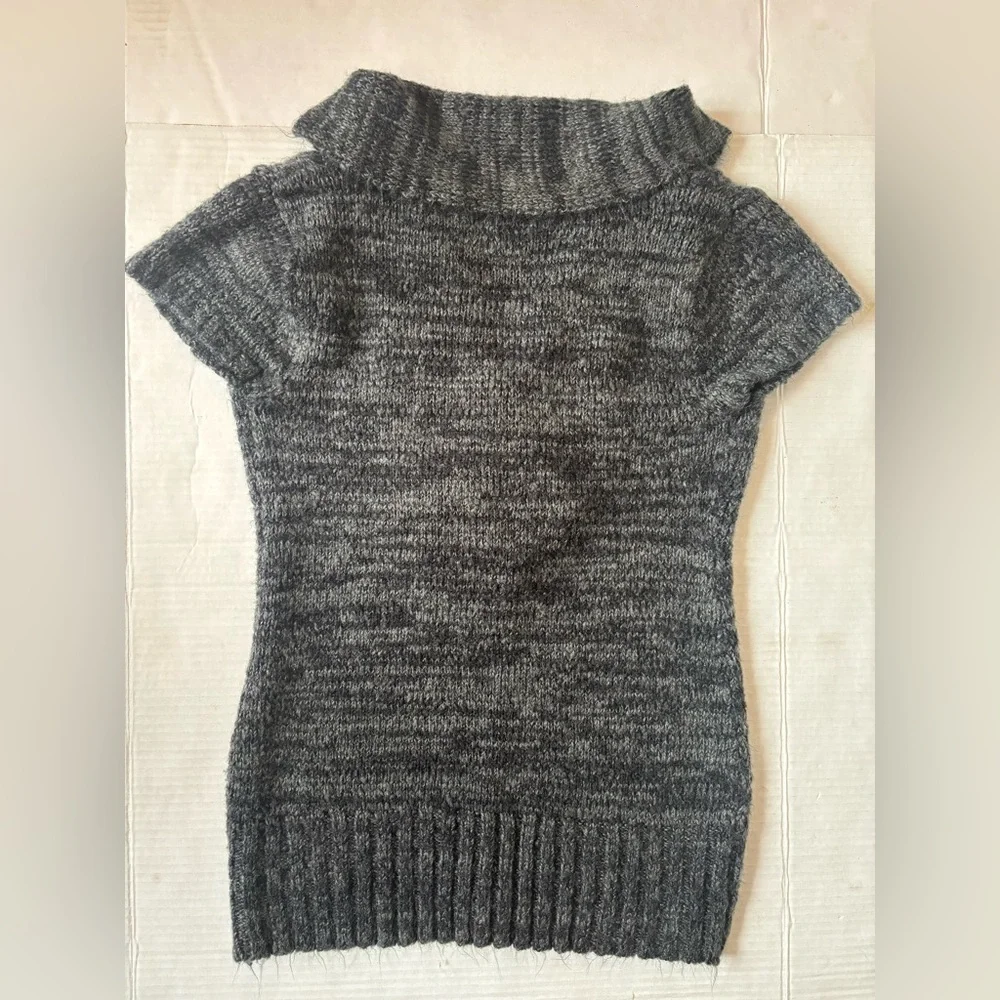 SayWhat Gray Shawl Collar Short Sleeve Sweater Top Large Y2K